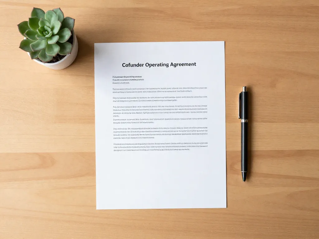 A cofounder operating agreement document on a wooden desk with two pens, representing the importance of formalizing startup partnerships