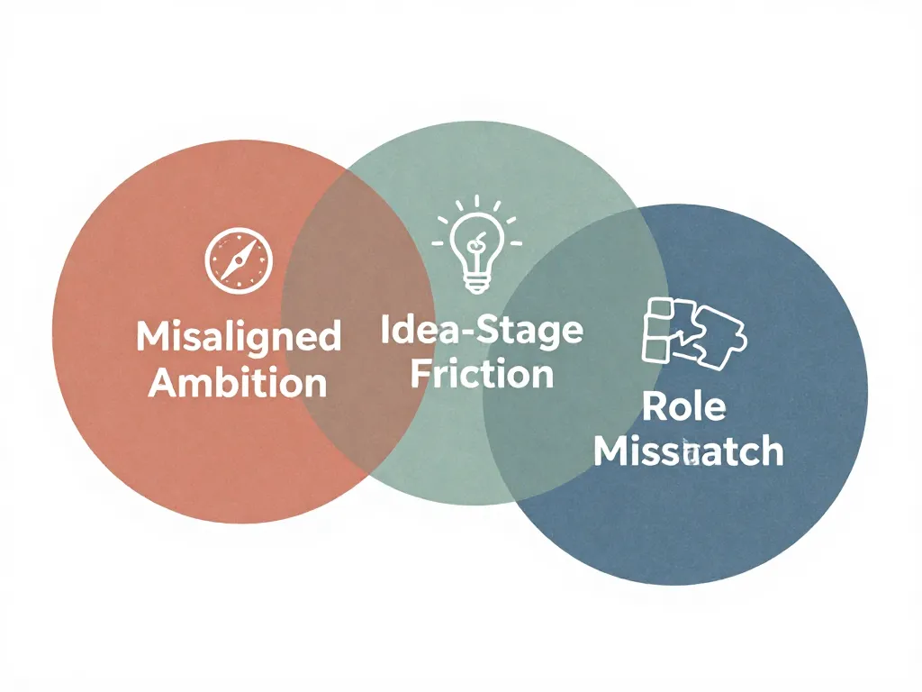 Illustration showing the three friction zones in cofounder breakups: misaligned ambition, idea-stage friction, and role mismatch