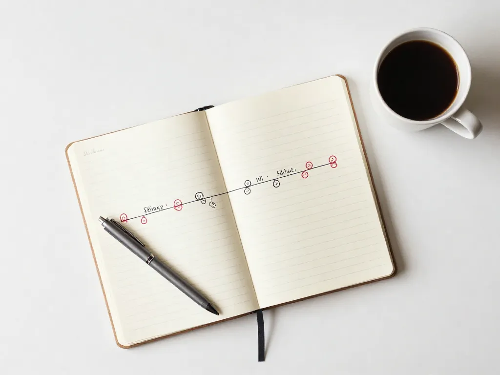 A handwritten timeline in a notebook with circled inflection points, representing the first step of a cofounder breakup post-mortem