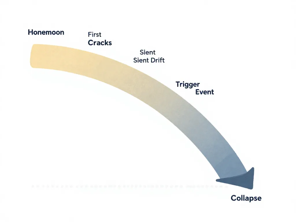 Illustration showing the five phases of a cofounder breakup from honeymoon to collapse, depicted as a descending arc