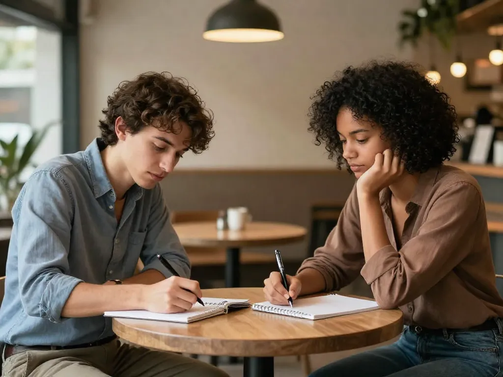 Two cofounders sitting across from each other, each writing their own vision for the company on separate notepads