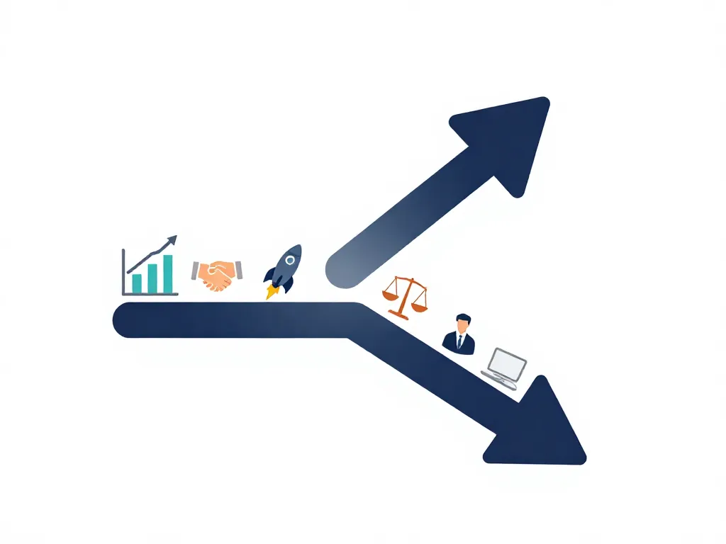 Illustration of two diverging paths from a single starting point, representing cofounders with misaligned visions for their startup