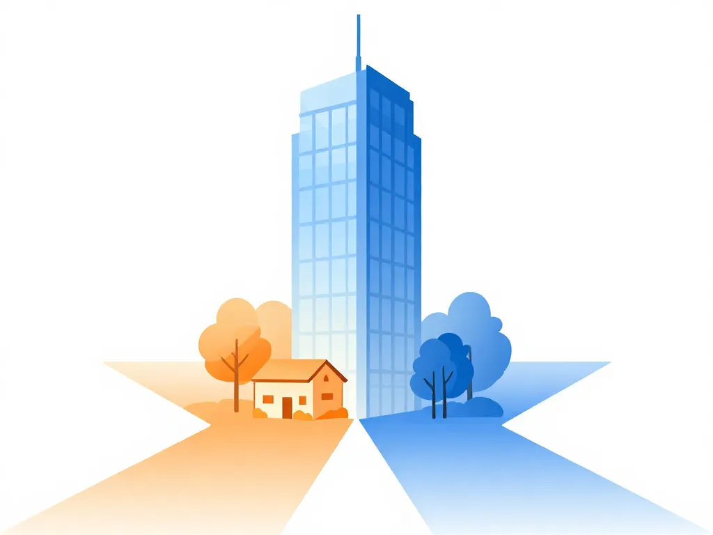 Illustration of two diverging paths representing mismatched cofounder ambitions — one toward a skyscraper, one toward a small building