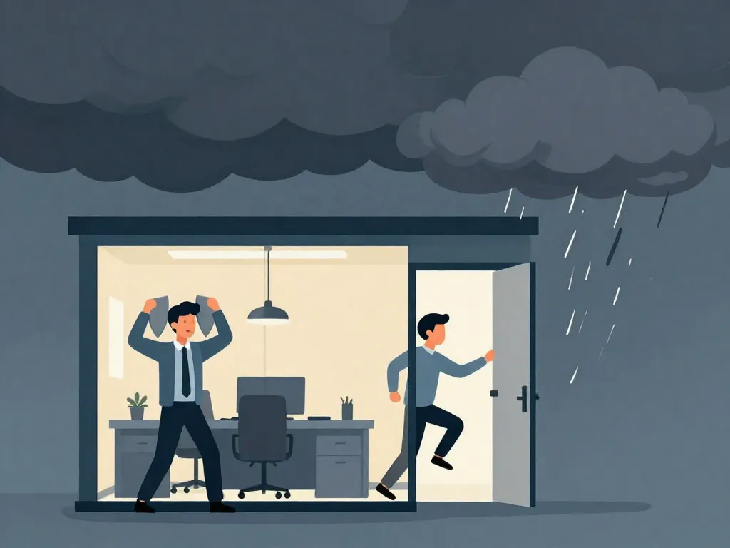 Illustration of two cofounders reacting differently to a crisis, one defensive and one charging forward