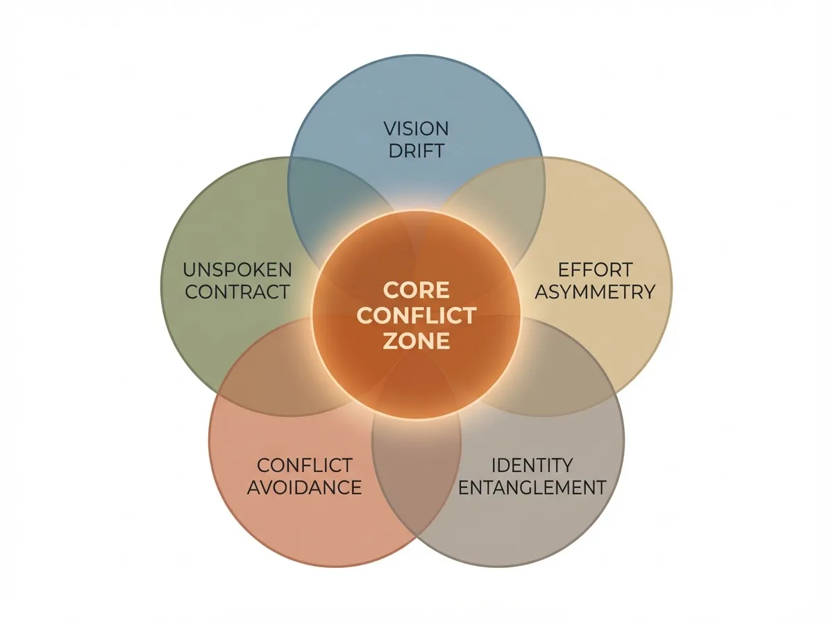 Diagram showing five overlapping patterns behind cofounder breakups: Vision Drift, Unspoken Contract, Effort Asymmetry, Conflict Avoidance, and Identity Entanglement