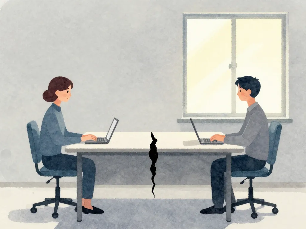 Illustration of two cofounders sitting at opposite ends of a cracked table, symbolizing growing disconnect