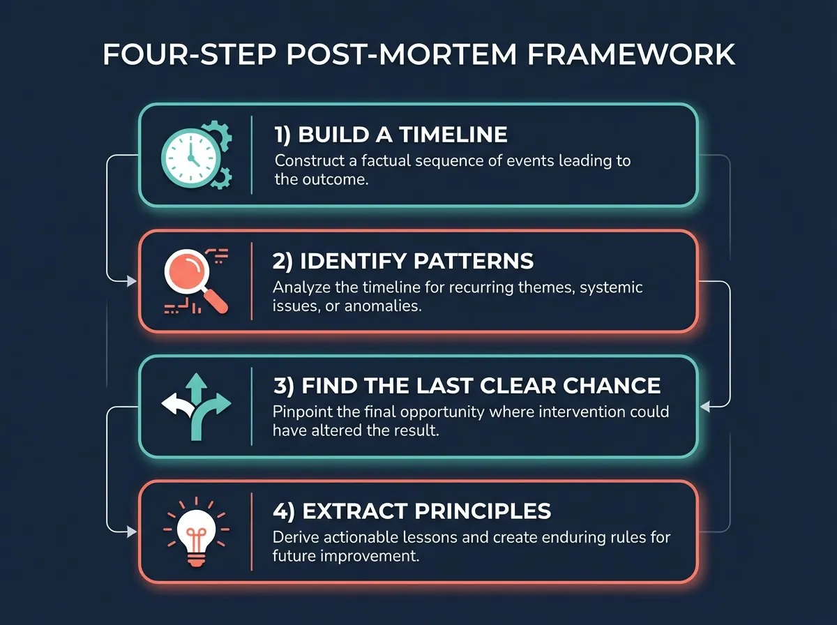 Four-step framework for running a cofounder breakup post-mortem: Build a Timeline, Identify Patterns, Find the Last Clear Chance, Extract Principles