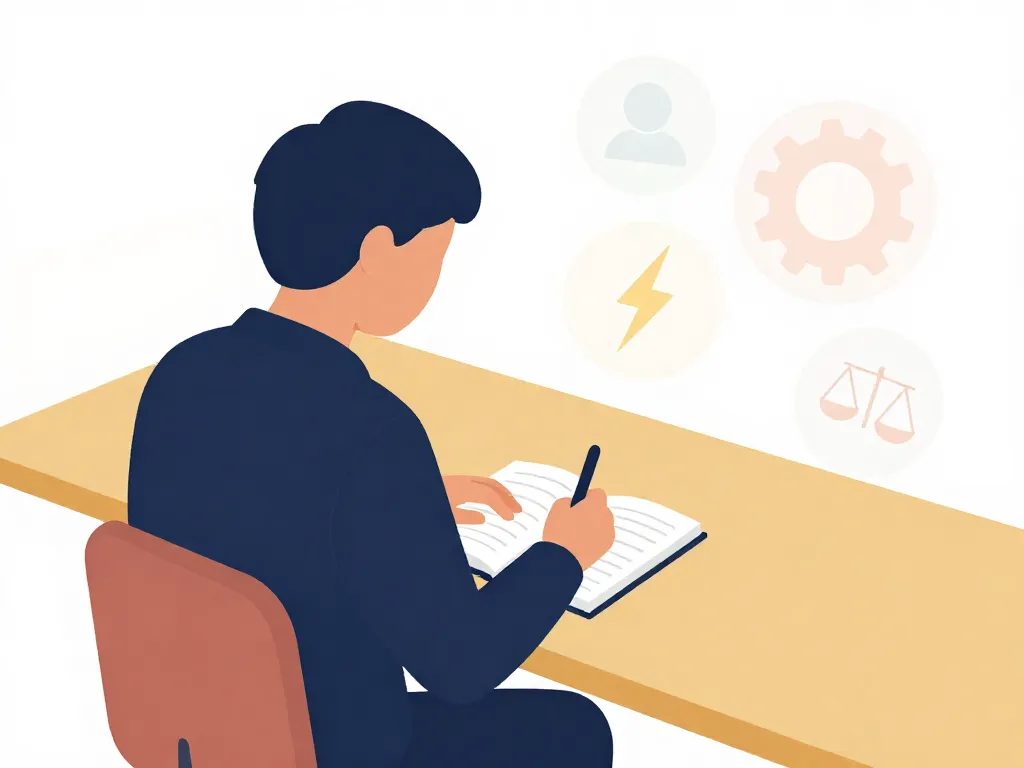 Illustration of a founder writing a post-mortem analysis, surrounded by overlapping analytical lenses representing different aspects of the partnership