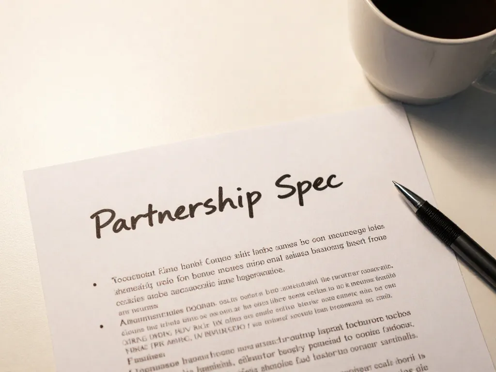 A handwritten Partnership Spec document on a clean desk, representing the actionable output of a cofounder breakup post-mortem