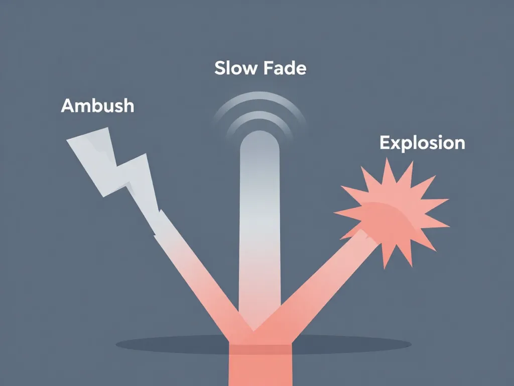 Illustration showing three common cofounder breakup patterns: the ambush, the slow fade, and the explosion diverging from a central point