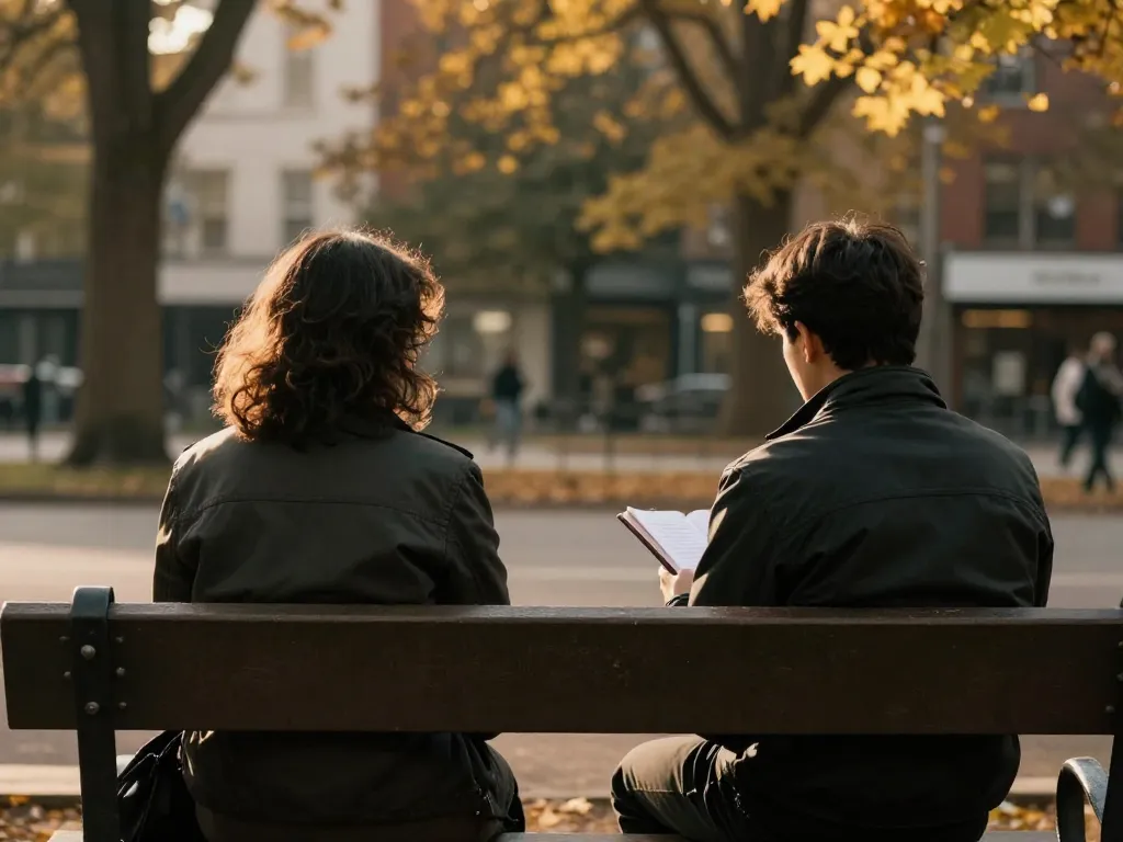 Two cofounders sitting on a park bench having a private reflective conversation in warm autumn light