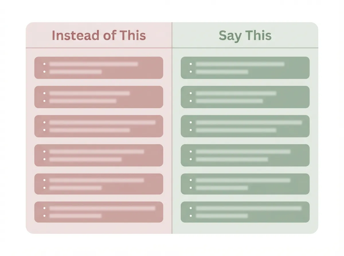 Comparison table showing ineffective phrases versus constructive alternatives for cofounder breakup conversations