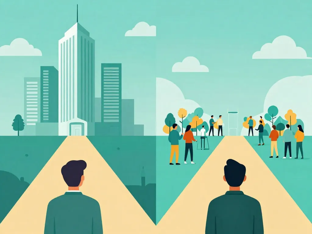 Split illustration showing two cofounders envisioning different futures for their company — enterprise versus community-focused