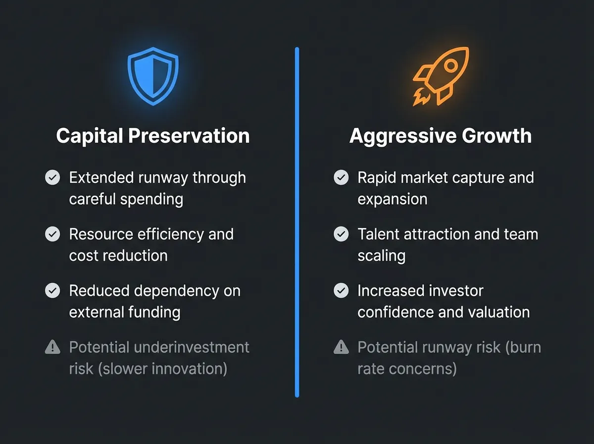Infographic comparing the strengths and blind spots of frugal versus growth-oriented startup spending approaches