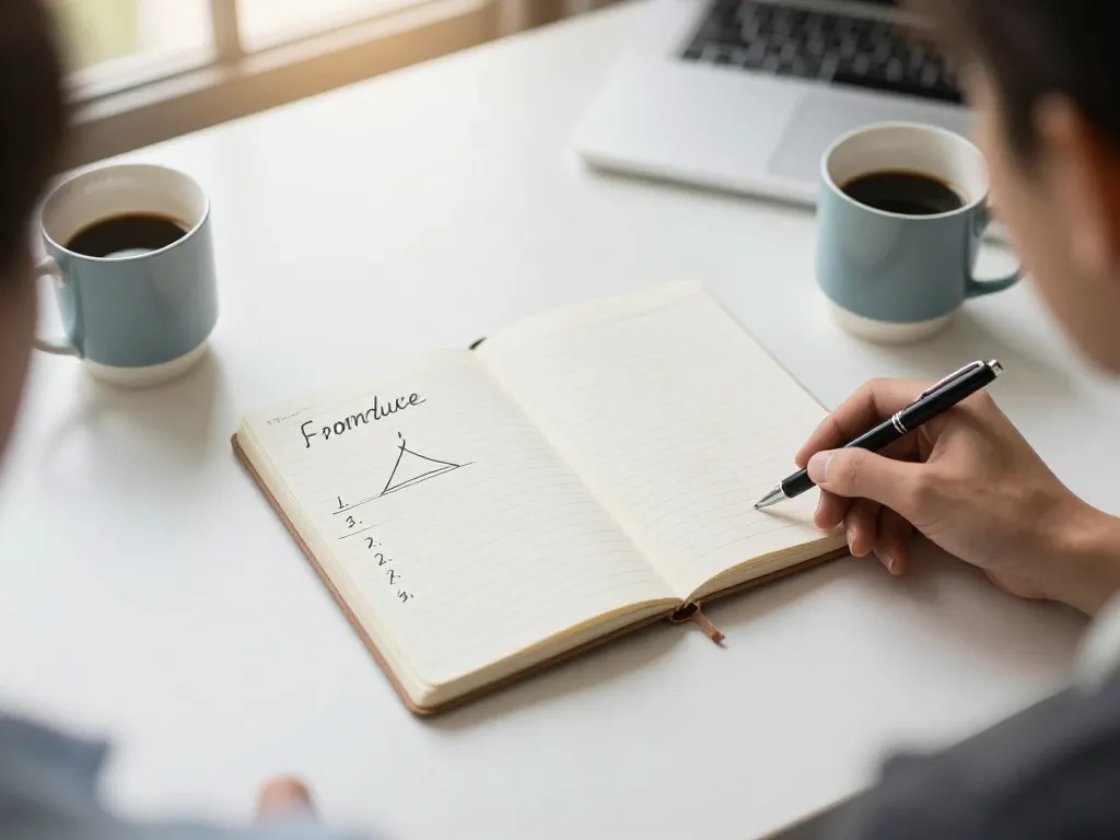 Notebook with a cofounder spending agreement framework on a desk with two coffee cups representing collaboration