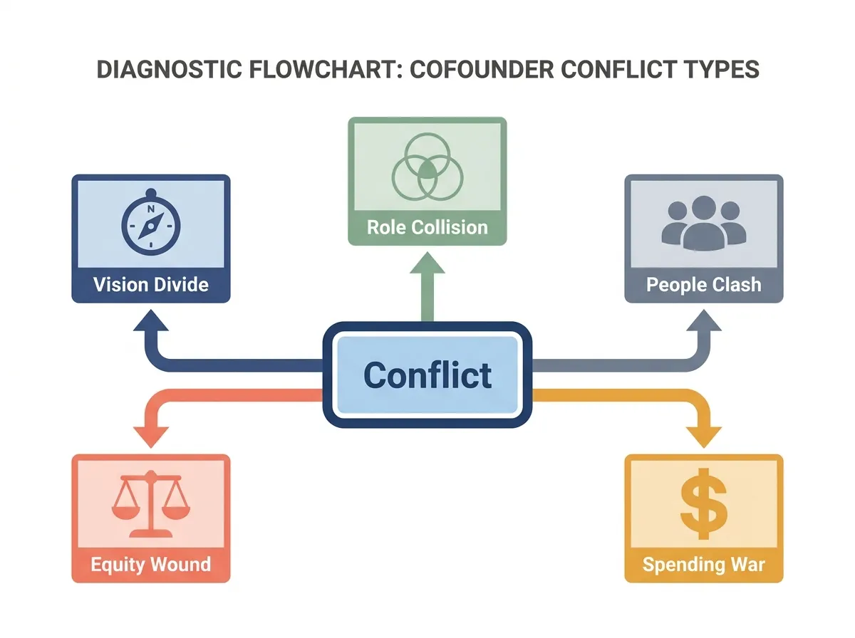 Diagnostic flowchart showing five types of cofounder conflict: Vision Divide, Equity Wound, Role Collision, Spending War, and People Clash