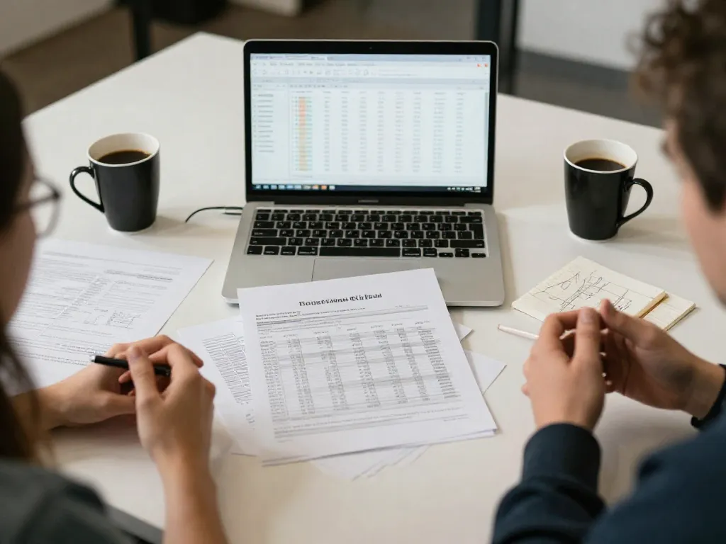 Overhead view of a startup desk with financial documents and budget spreadsheets, representing cofounder spending disagreements