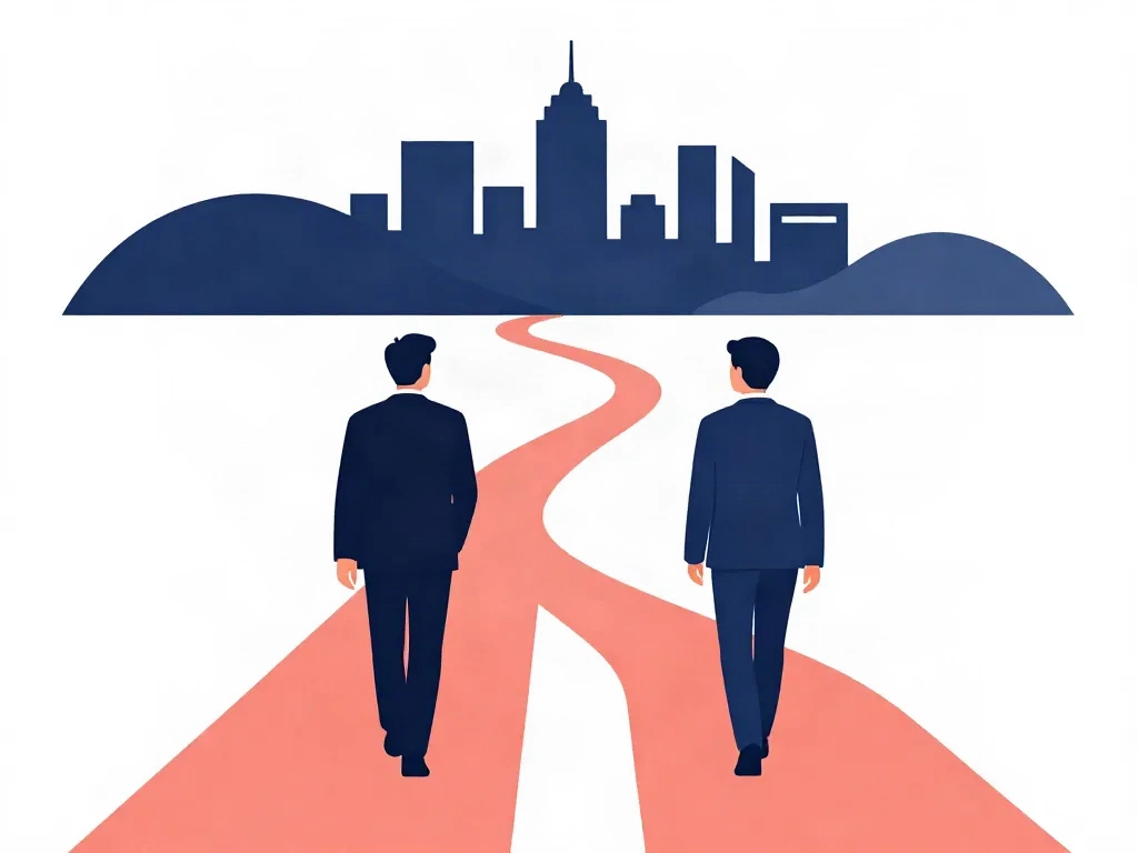 Illustration of two cofounders walking on gradually diverging paths, symbolizing how conflict avoidance causes partnerships to drift apart