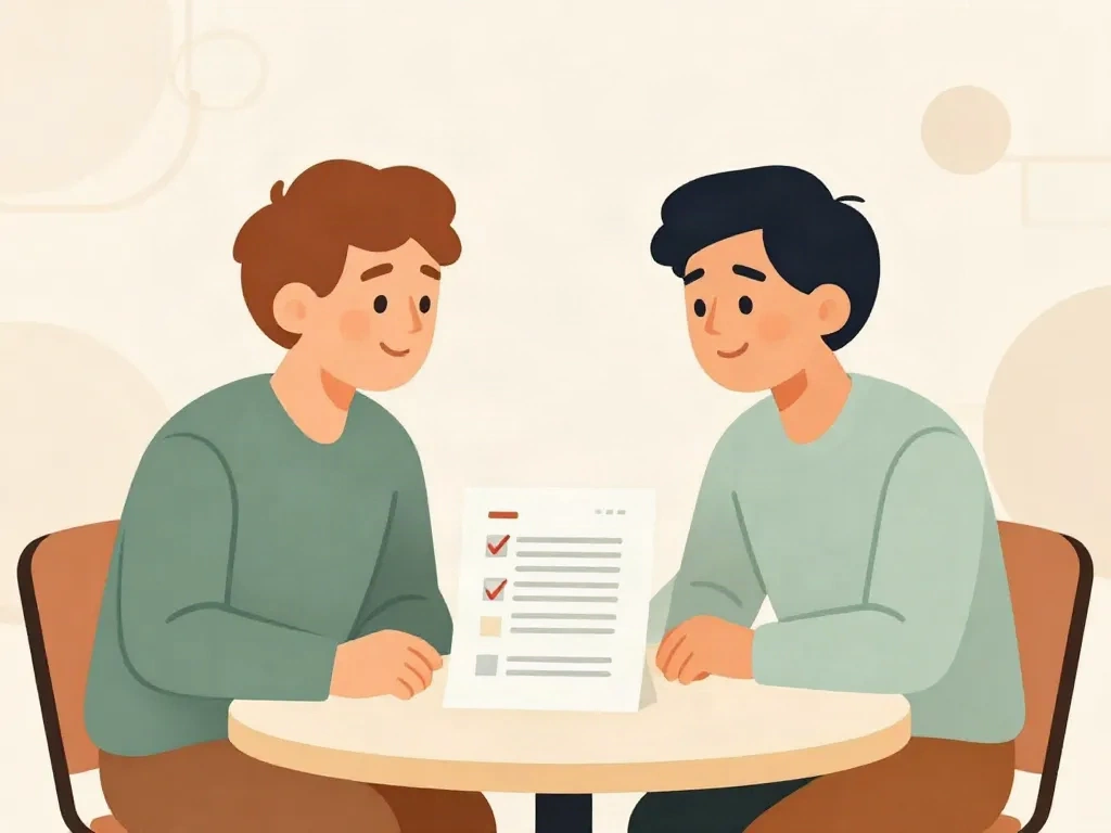 Illustration of two cofounders having a constructive conversation over a written cofounder agreement, depicting healthy conflict resolution