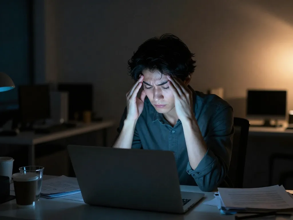 Exhausted founder sitting alone at a desk late at night, rubbing their temples in visible stress