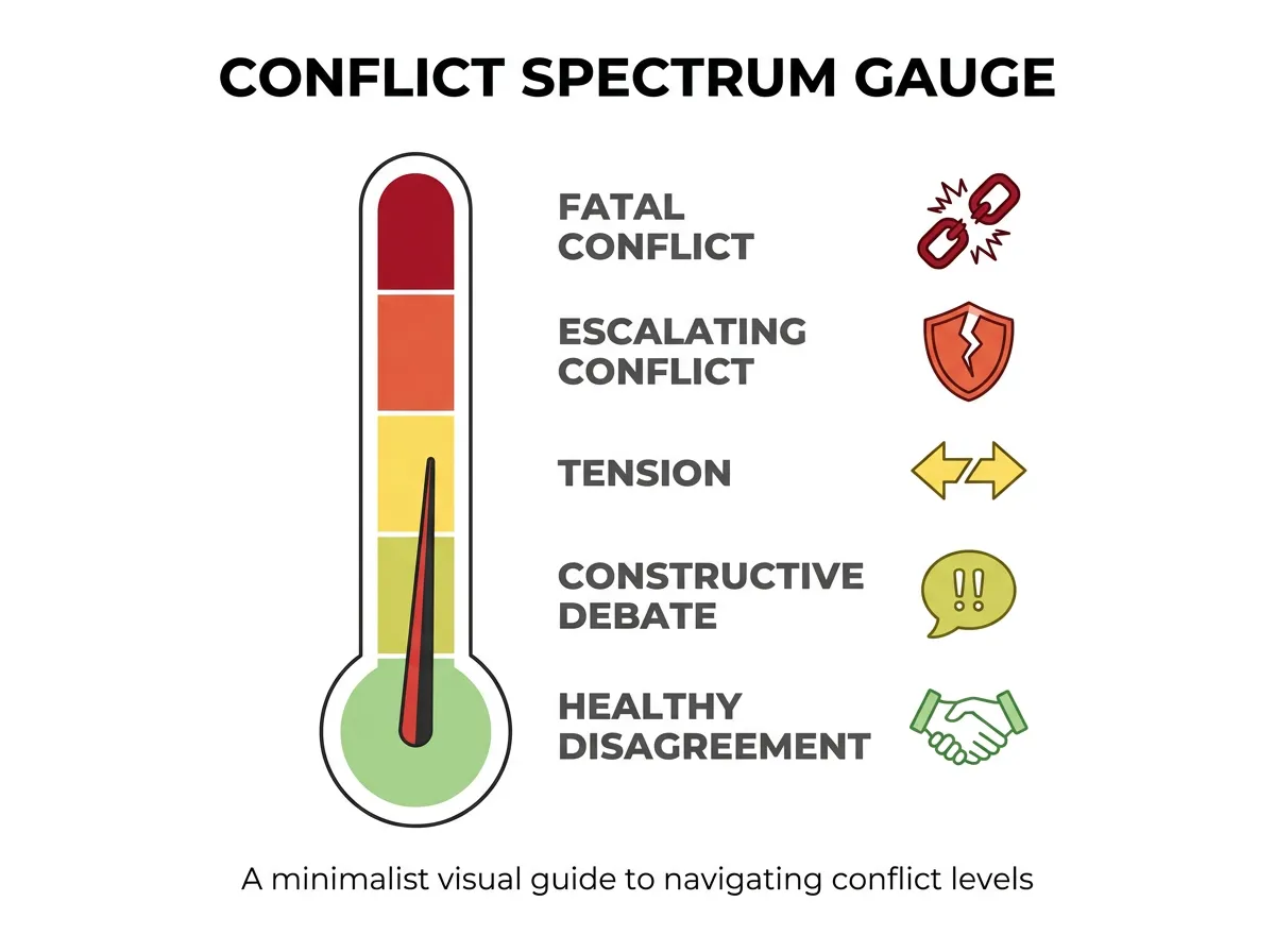 Infographic showing the five escalating levels of cofounder conflict from healthy disagreement to fatal breakdown