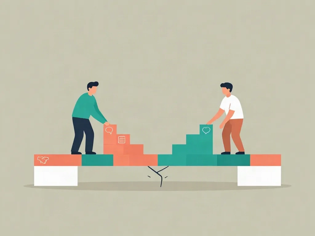 Illustration of two cofounders building a bridge of communication and agreements to span a gap between them