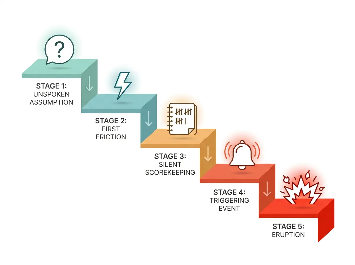 Diagram showing the five stages of cofounder conflict escalation from unspoken assumptions to eruption
