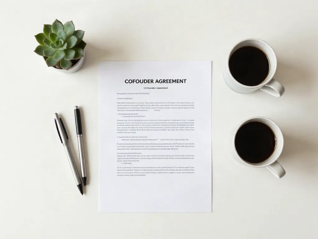 Overhead view of a cofounder agreement document on a clean desk with two pens and coffee mugs, symbolizing clarity and shared commitment