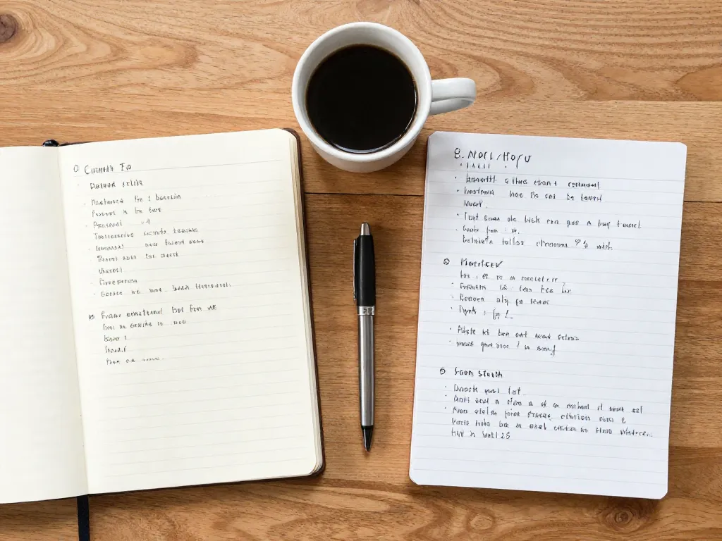 Two notebooks with handwritten planning notes side by side on a desk, representing cofounder alignment conversations about money and expectations