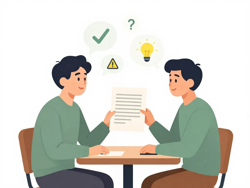 Illustration of two cofounders debriefing after a trial project, with speech bubbles showing honest dialogue icons