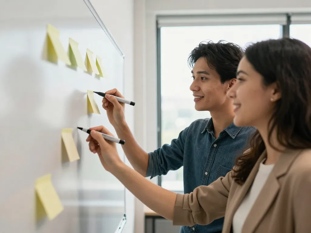 Two cofounders collaborating productively at a whiteboard, representing a partnership worth fighting for