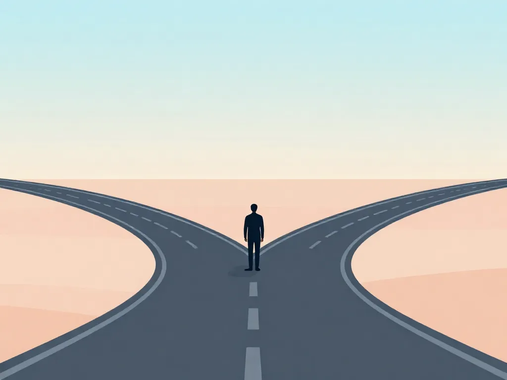 Illustration of a person standing at a fork in the road, representing the decision to stay or leave a cofounder partnership