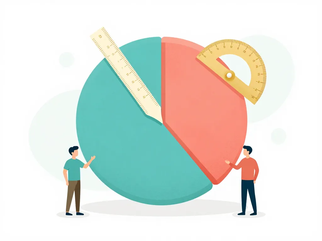 Illustration of two founders carefully measuring and dividing an equity pie chart with precision tools