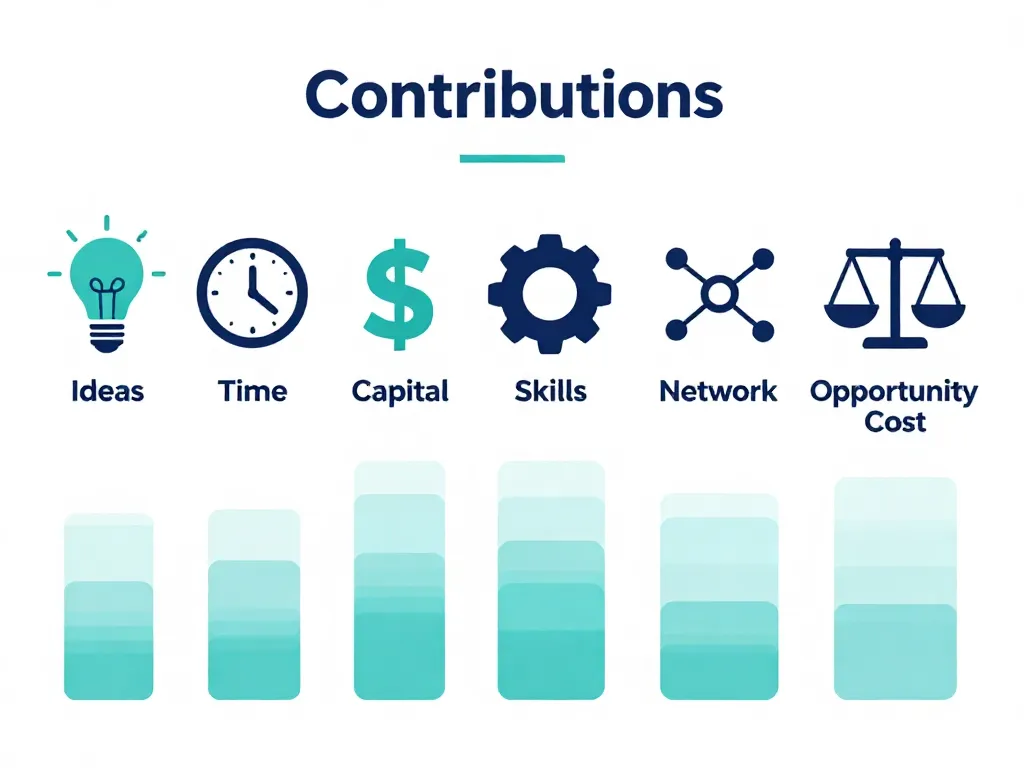 Visual breakdown of six cofounder contribution categories: ideas, time, capital, skills, network, and opportunity cost with relative weighting bars