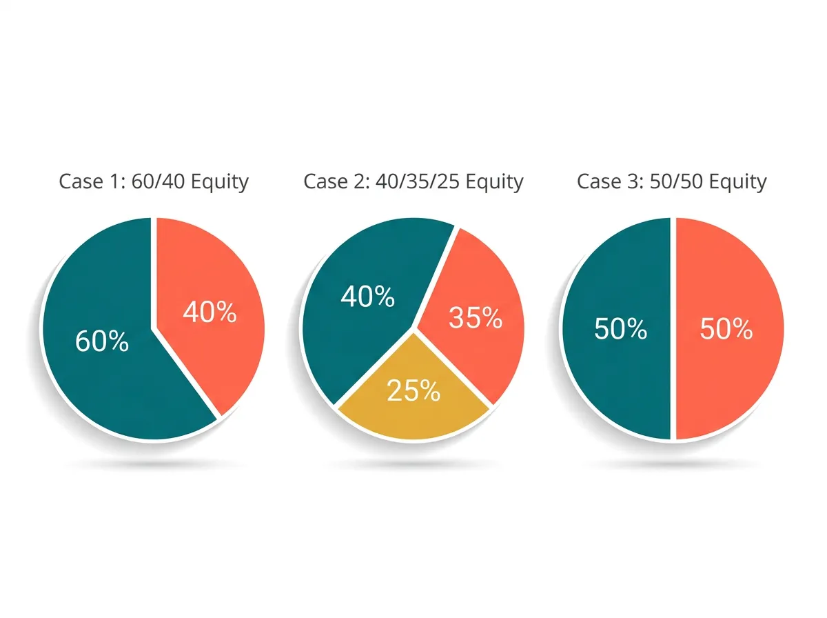 Three pie charts showing different cofounder equity split structures: 60-40, 40-35-25, and 50-50 with vesting terms