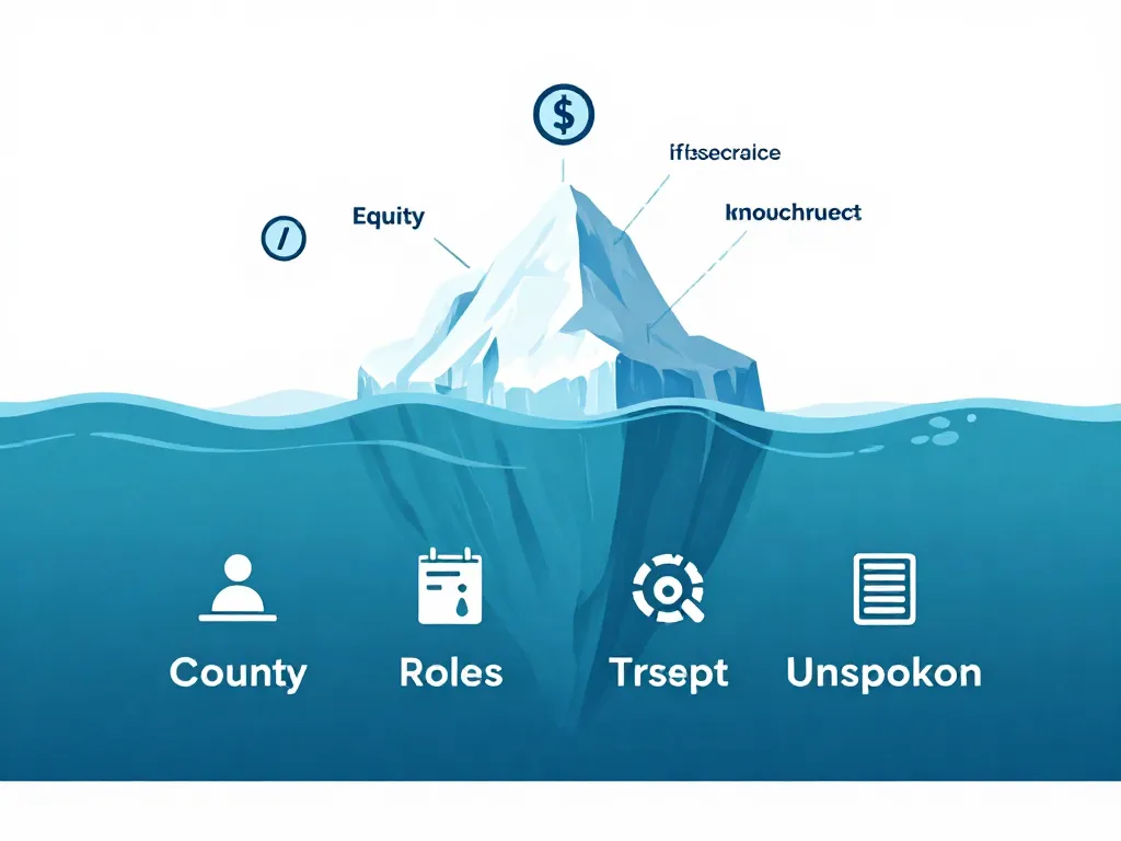 Iceberg diagram showing equity disputes above the surface and hidden cofounder conflicts like commitment, roles, vision, and respect below