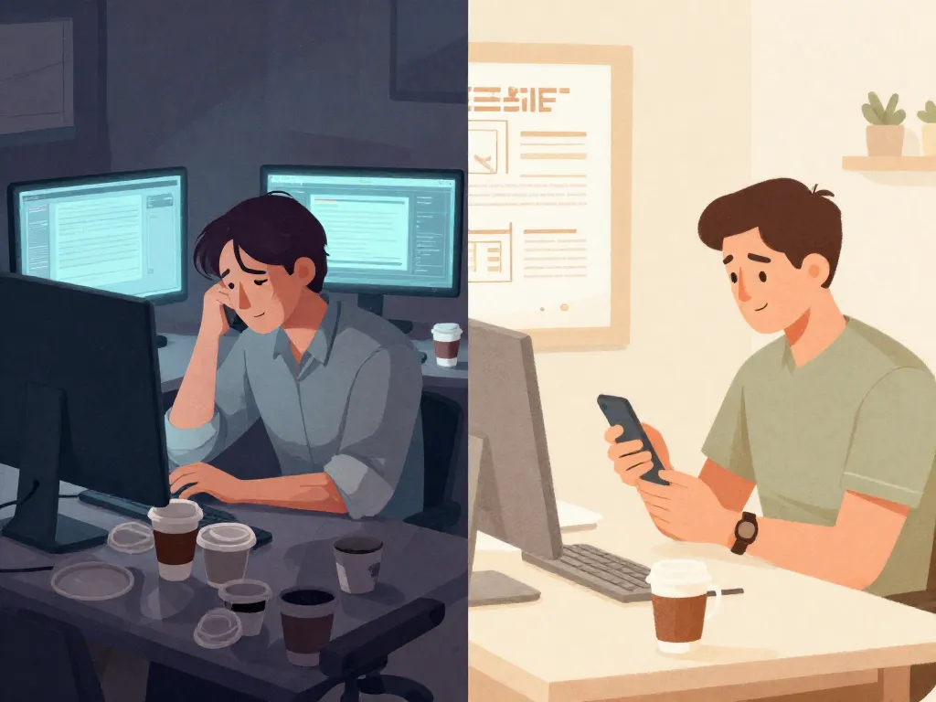 Split illustration showing one cofounder working late at night while the other works casually during the day, representing the commitment gap
