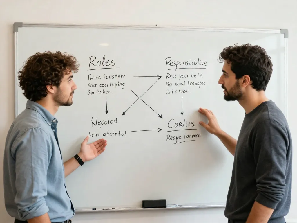 Two cofounders collaboratively mapping out roles and responsibilities on a whiteboard in a constructive conversation