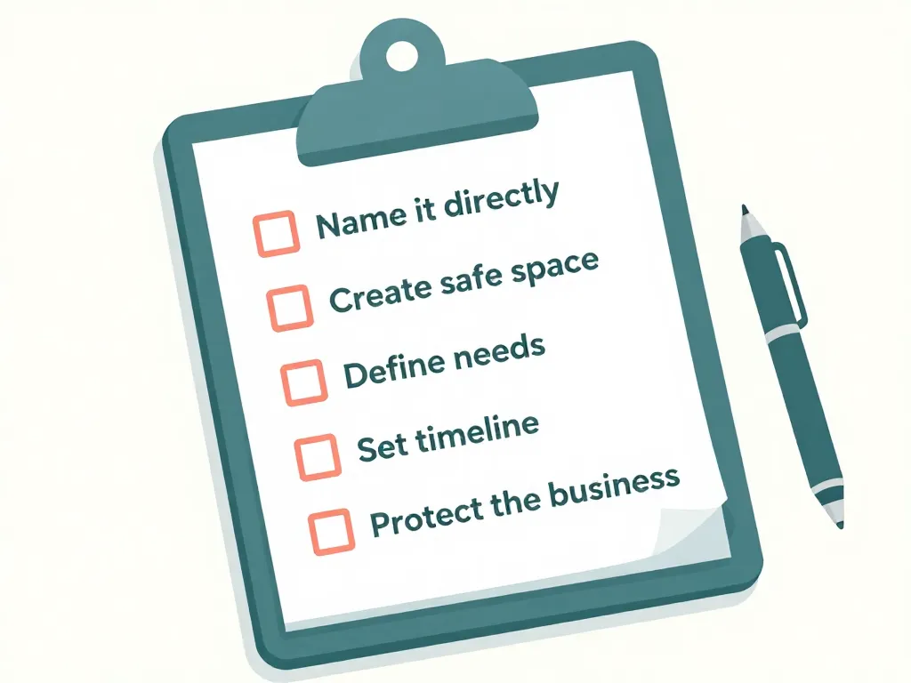 Illustrated checklist showing five steps for addressing cofounder ghosting