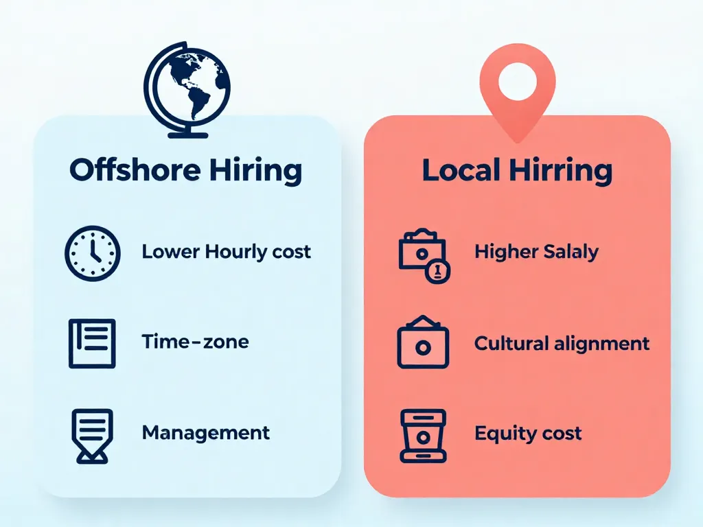 Visual comparison of offshore versus local hiring tradeoffs for startups using icons