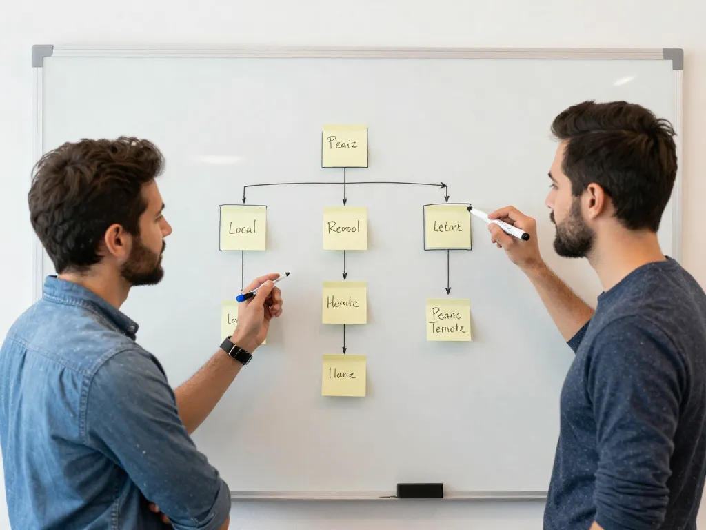 Two cofounders collaboratively planning a hybrid hiring strategy at a whiteboard