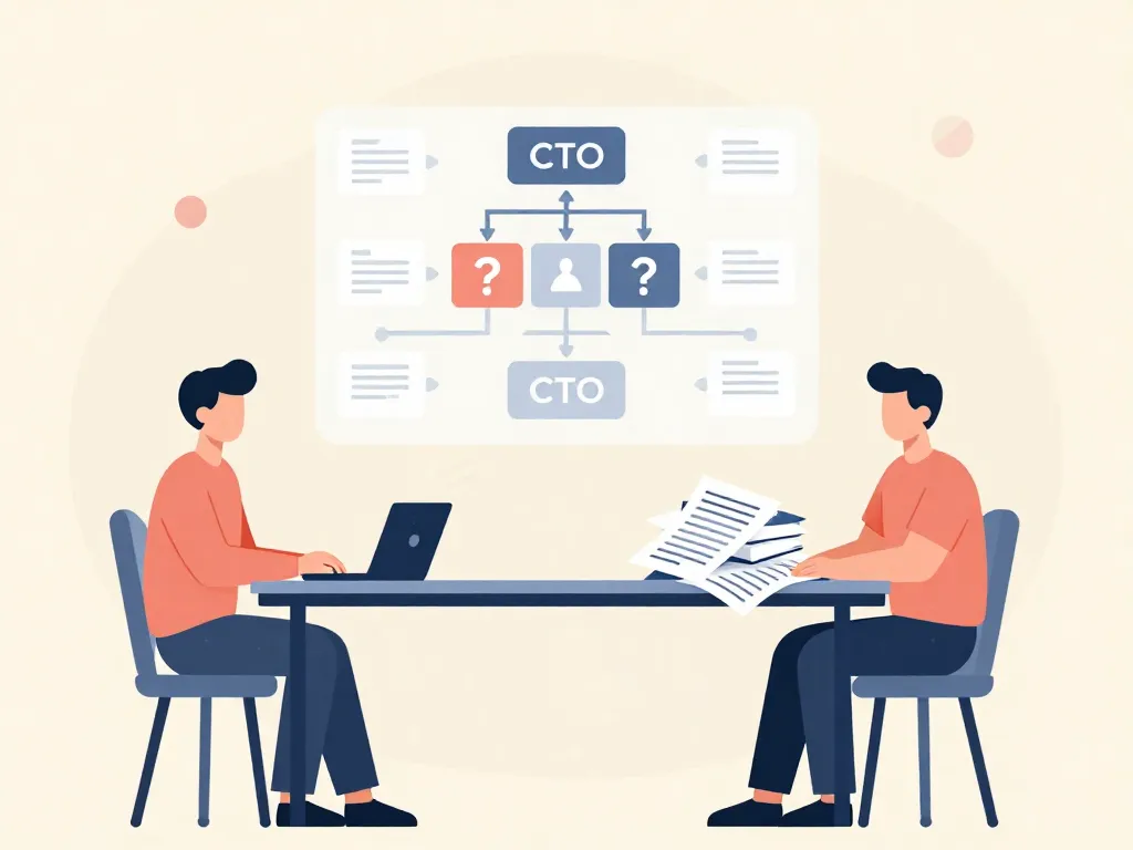 Illustration of two cofounders separated at a table with an ambiguous org chart floating between them, representing unclear decision-making authority