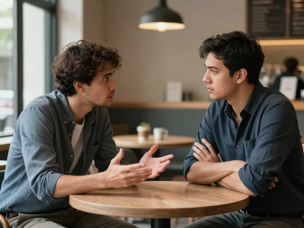 Two cofounders having a serious one-on-one conversation at a coffee shop table, one speaking with open hands while the other listens carefully
