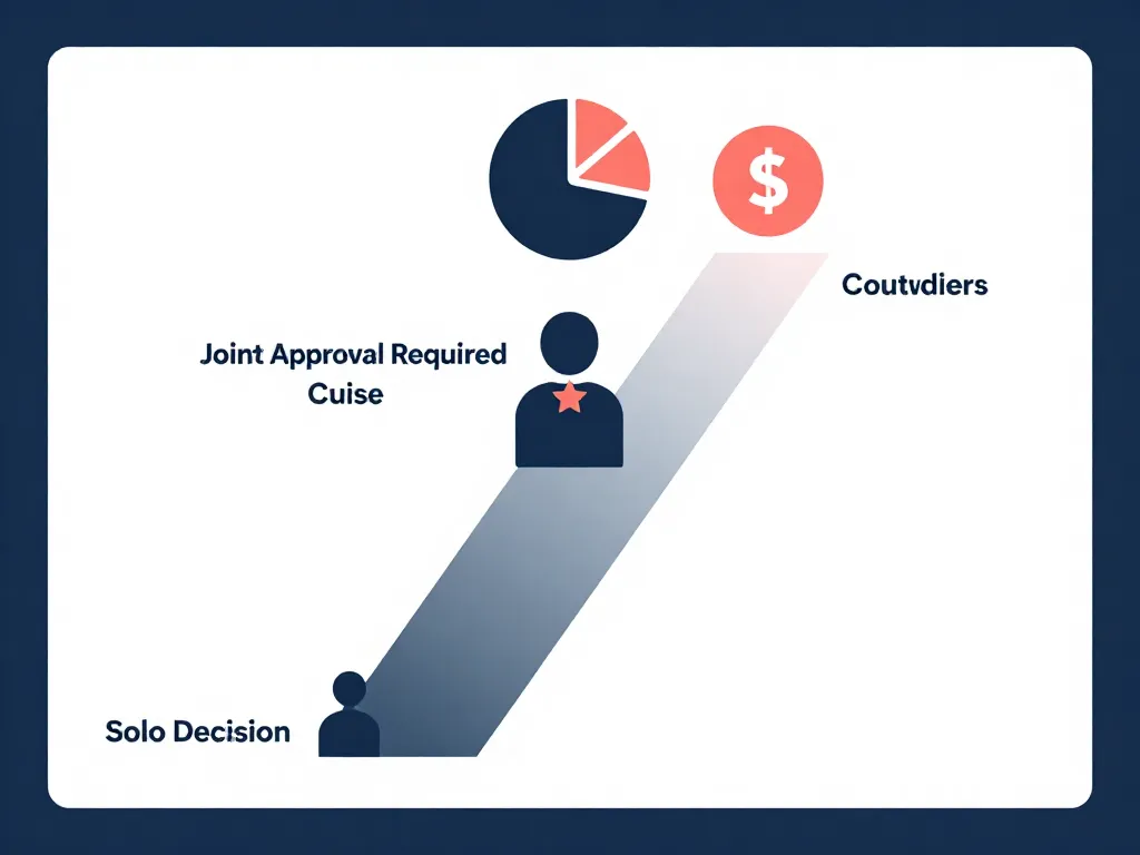 Decision-making authority spectrum showing which startup decisions require solo versus joint cofounder approval, from daily operations to equity grants