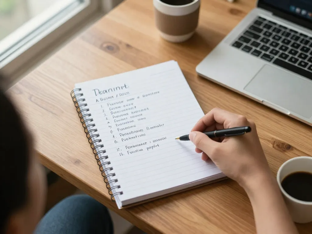 Notebook with a performance review checklist on a desk between two coffee cups during a cofounder meeting