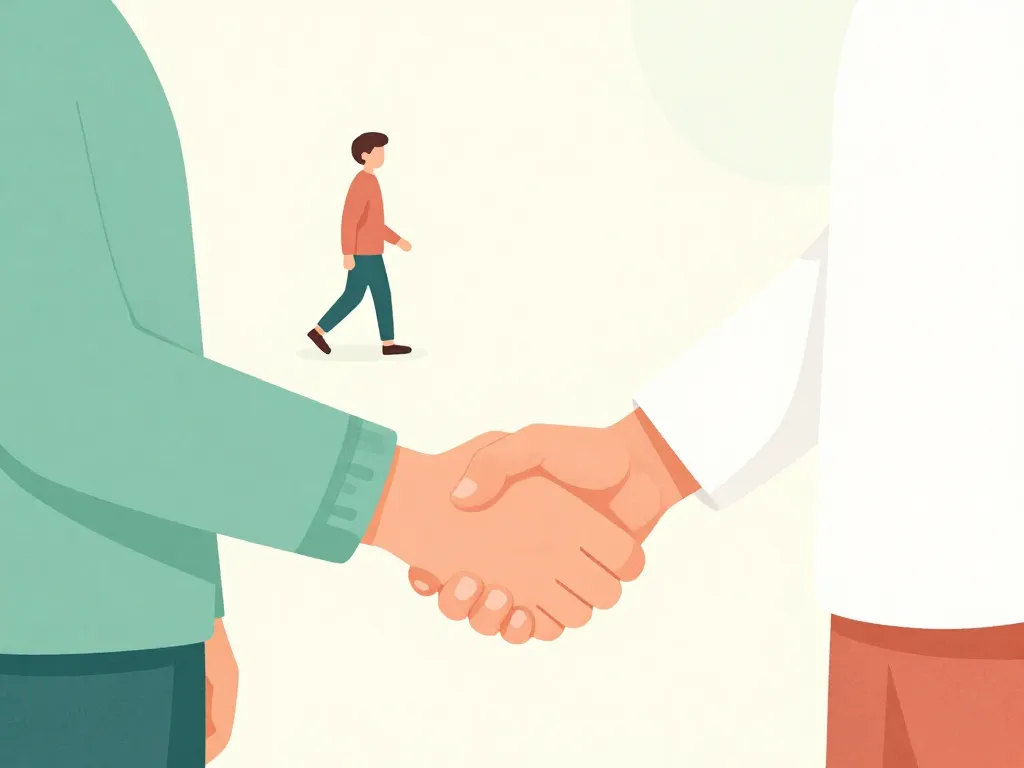 Illustration of two cofounders agreeing on a decision while a third person transitions out amicably