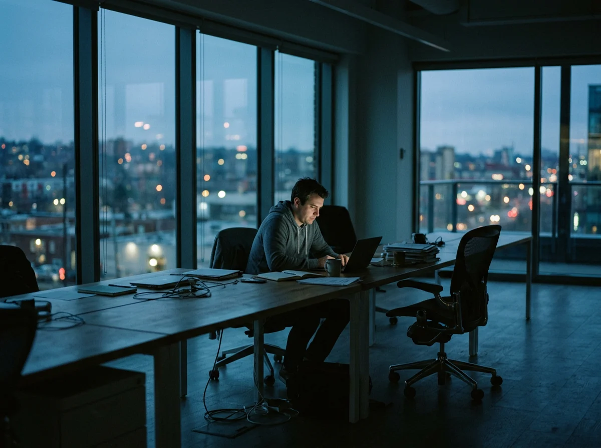 A founder working alone at night beside an empty desk chair