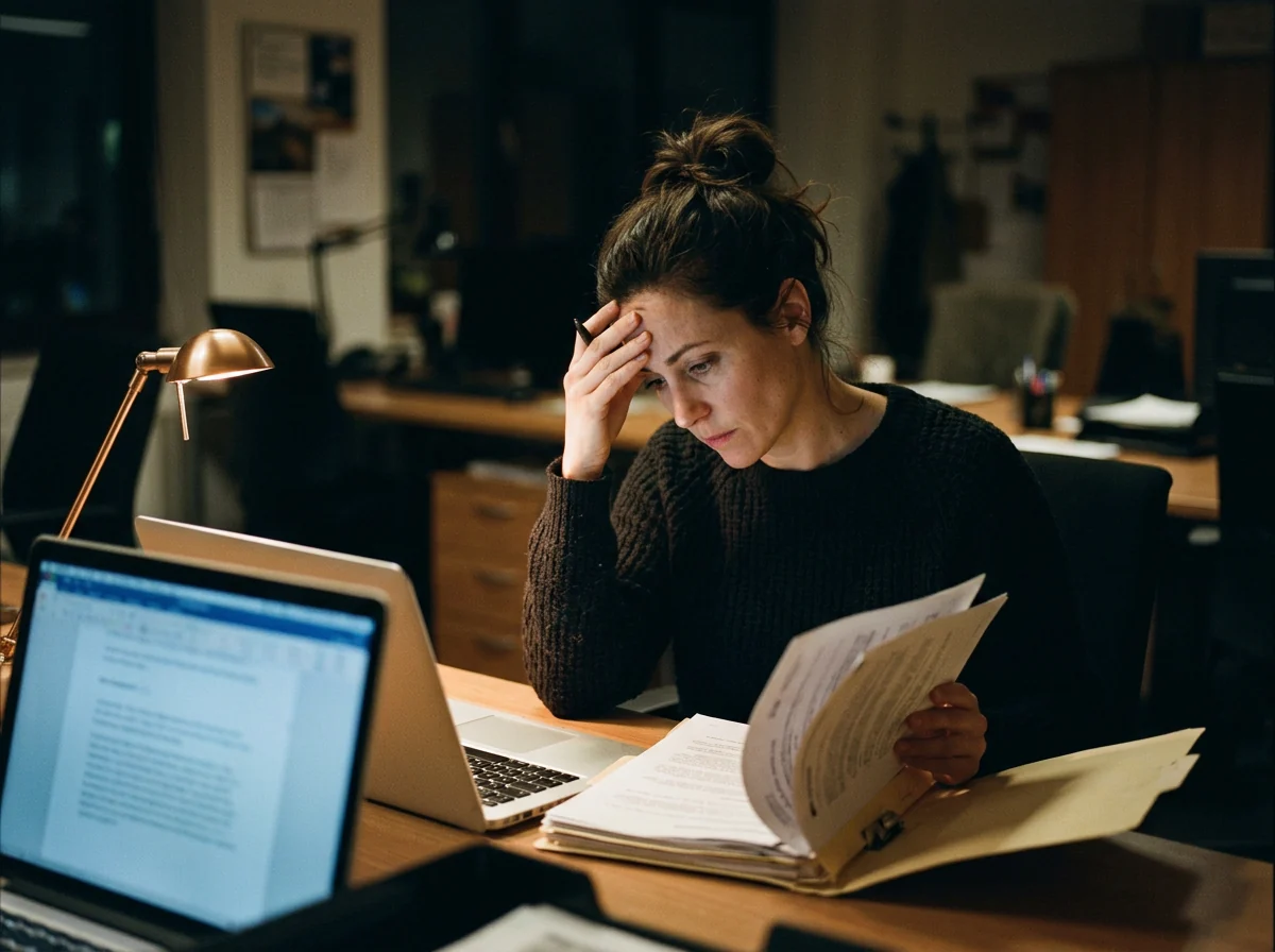 A founder alone at night reviewing company documents and a cap table on a laptop