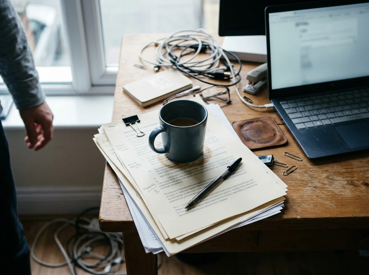 Stack of company paperwork on a desk beside a coffee mug and laptop