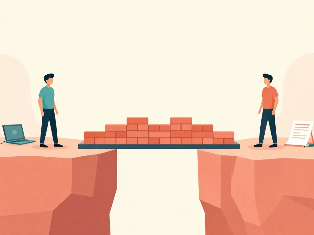 Illustration of two cofounders bridging a gap between them, symbolizing partnership repair and alignment